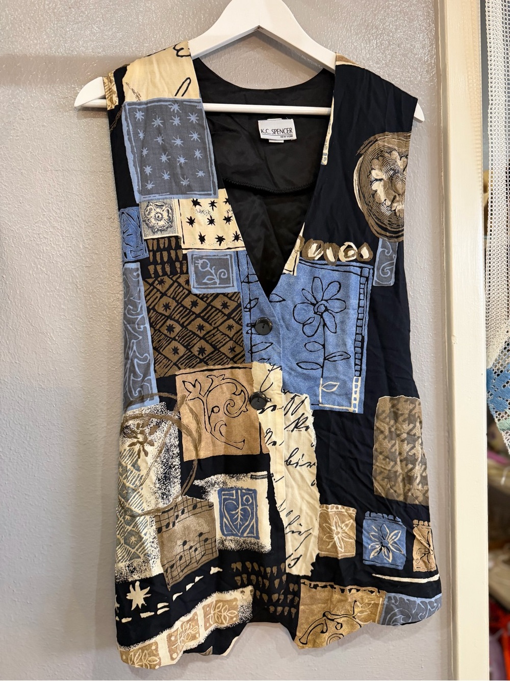 KC Spencer Patchwork V-Neck Sleeveless Vest in Black, Blue & Tan